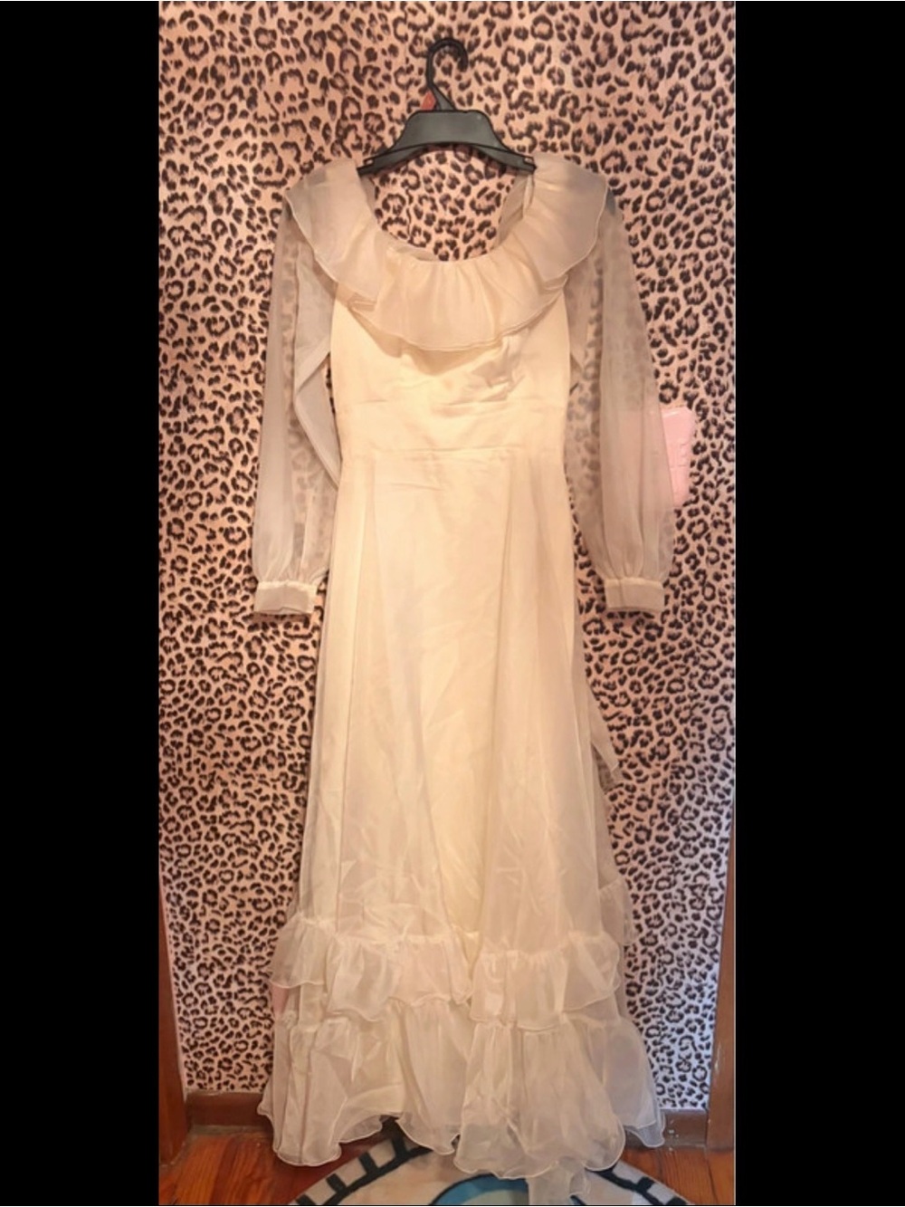 Vintage White Ruffle Floor Length Dress with Sheer Sleeves